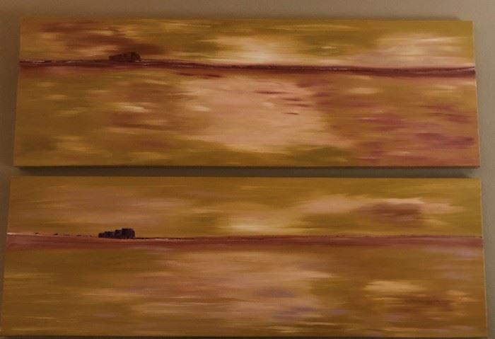 "Sacred Rock 1 & 2" Oil 20 x 60 (2) Desert Scene w distant 'Uluru' rock by Rick Hoath
