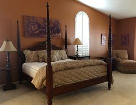 Ethan Allen King Size Plantation 4 Poster Bed
King Bedding Set by Croscil Library Table
Rosetta Table Lamp Bombe Chest w Woven Drawers Double Sphere Table Lamp Pineapple Accent Table Monaco LAF Chaise "Ancestral Voyage" by Rick Hoath