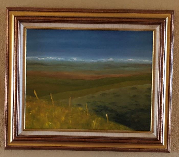 "Montana West" Oil 16 x 20 Framed Scene of fields and distant mountains by Rick Hoath 
