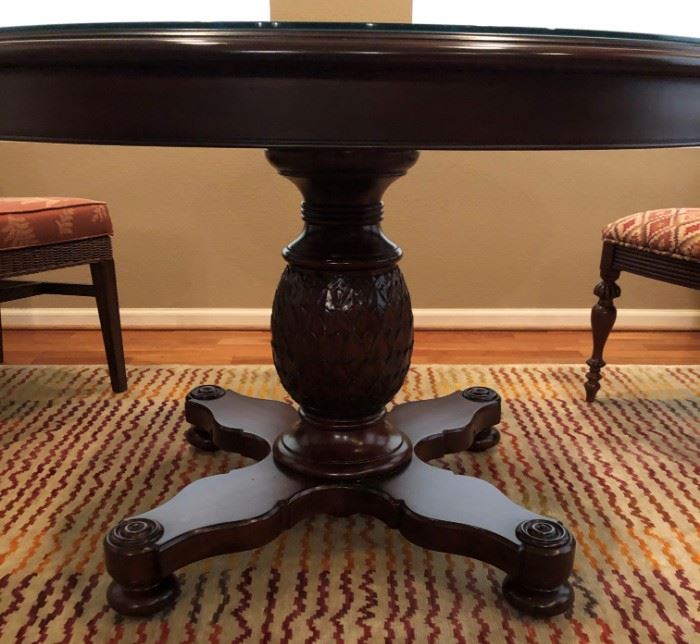 Ethan Allen Pedestal Dining Table w Cane Accent and Glass Top