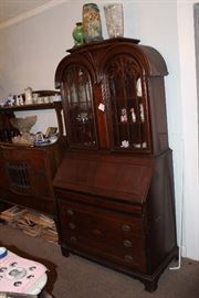 40's mahogany; drop-front desk over drawers