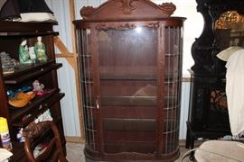 oak leaded-glass curio;  glass shelves