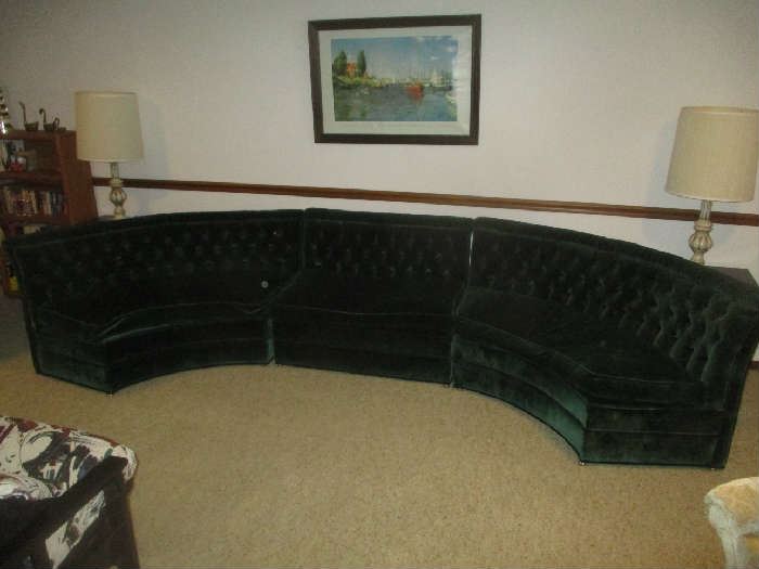 3-piece sectional sofa, excellent condition, green velvet tufted back
