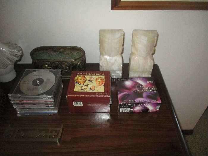 Alabaster bookends and CDs