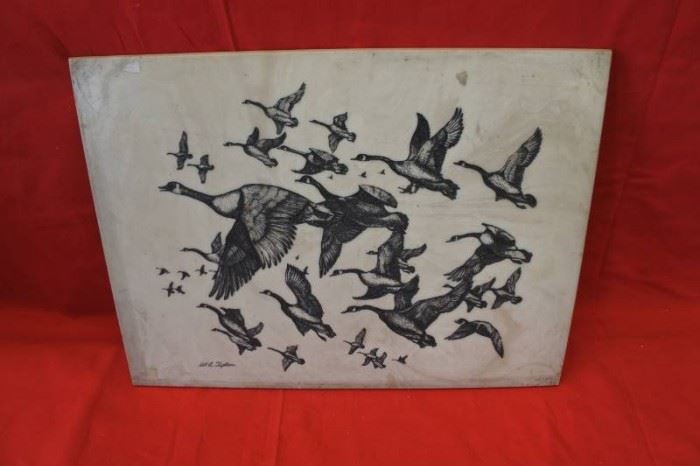 Geese take Flight Etching in Stone Slate
