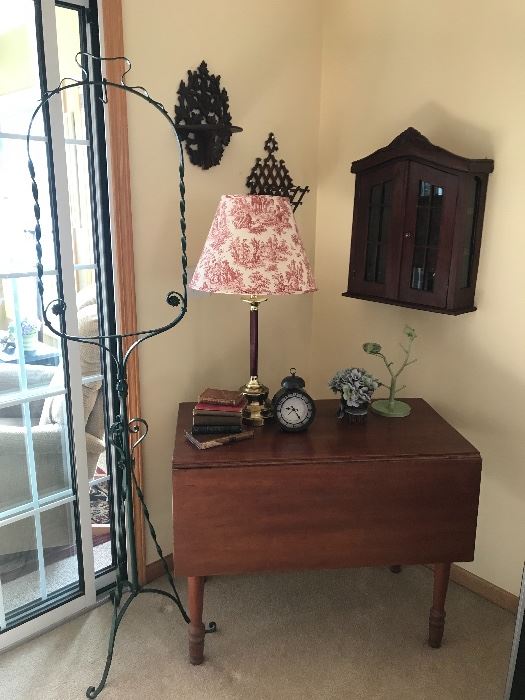 Drop leaf table, hanging cabinet and shelves, iron plant or birdcage stand