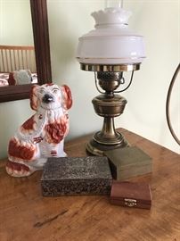 Boxes, Staffordshire terrier figure, brass & glass lamp