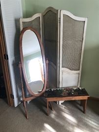 Cheval mirror, bench & folding screen