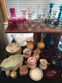 Victorian art glass, cranberry glass, hand painted china, etc.