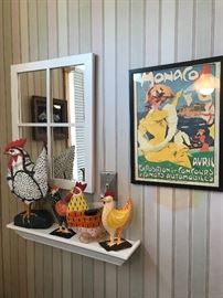 Framed Monaco poster, roosters, etc.