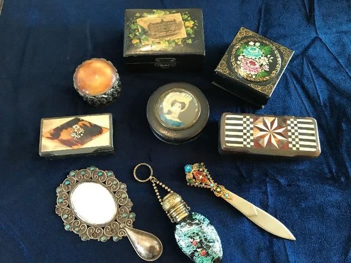 Papier Mache and other 19th century boxes,  Chatelaine perfume bottle, more.  Mirror close-up next picture 