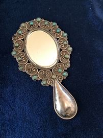 Mexican Matl Silver mirror with turquoise.  Good quality!  As found with losses.