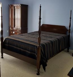 Stickley queen bed frame and mattress set. Four poster, solid cherry, turned posts.