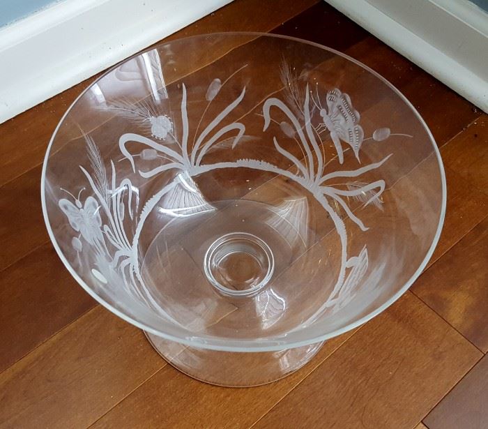 Tiffany & Co. Etched Glass Centerpiece Bowl,Turtle and Butterfly motif