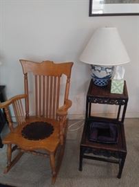 Antique carved Chinese table and antique oak rocker