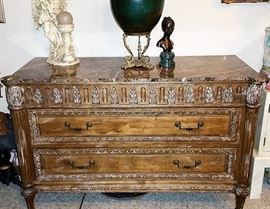 MARBLE TOP CARVED WOOD DRESSER $400
