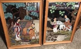 $65 REVERSE MIRROR PAINTINGS. NOTICE ONE OF THEM DOES HAVE PAINT WEAR.