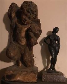 OLD LARGE CHERUB $150 (SOLD) ... SMALL BRONZE SIGN SCULPTURE $140