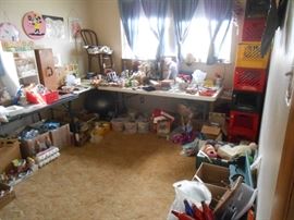 Many Christmas and wind chimes, spools of string and crochet strings etc.