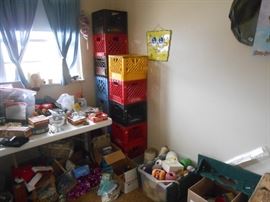 Many milk crates and spools of threads