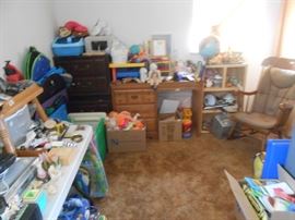 Nice rocker, desk, shelf, 2 end tables and many many toys