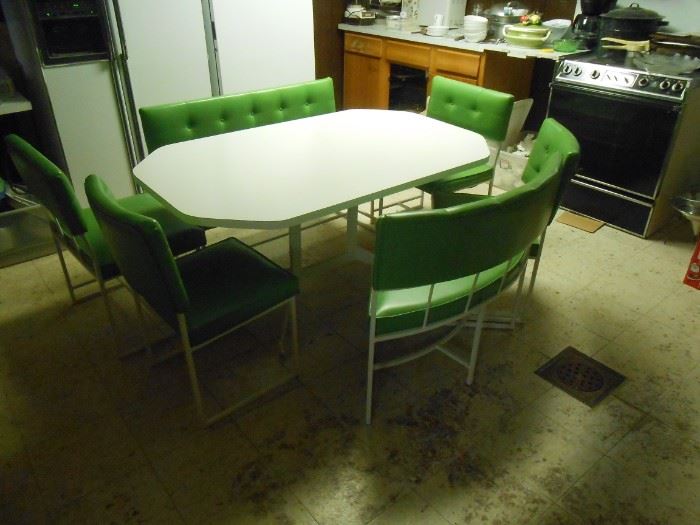 70's Dining set, 2 large bottom chairs, 1-straight bench, and 1 curved bench with a white table.  Absolutely fab!