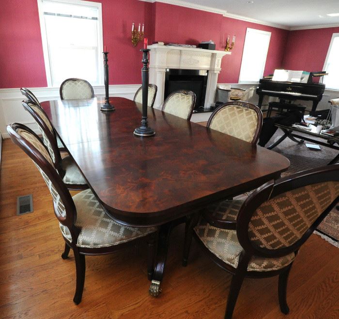 Councill Carnegie Hill Collection double pedestal table that includes two 20" leaves and pad; Eight matching chairs.