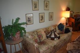 Floral Print Sofa, Prints above the Sofa, Table Lamp, Stands and More!