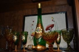 Gorgeous Galle' Style Green Glass Decanter and 6 Matching  Crystal Stemware