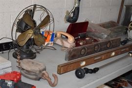 Very Rare Find! A G.E. Brass Oscillating Fan in great condition ***** and Antique Wooden Levels and More!