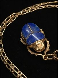 Antique 14K French Chain Egyptian Gold Lapis Scarab