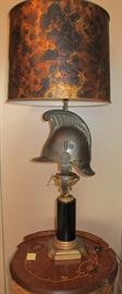 pair of lamps designed around vintage French fireman's helmet