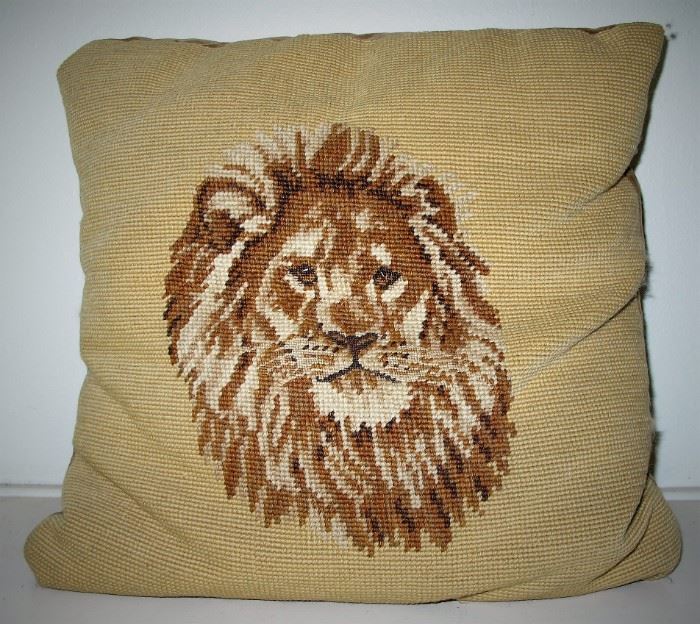 hand embroidered pillow of lions head