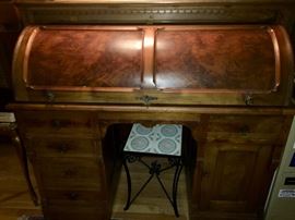 Antique Walnut Barrel Roll Top Desk