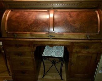 Antique Walnut Barrel Roll Top Desk