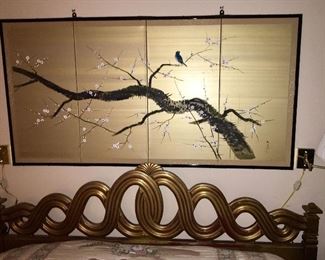 Fabulous gold leaf mid century king headboard with frame, Japanese paneled wall screen. 