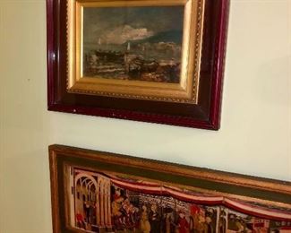 Italian original board  painting under glass with double frame.