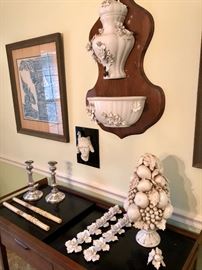 Italian bisque Capodimonte Wall fountain, fruit tree and place card holders, silver-plate candle sticks with antique candlesItalian bisque Capodimonte