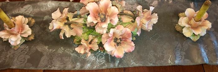 Italian bisque Capodimonte Rose centerpiece with matching candlesticks 