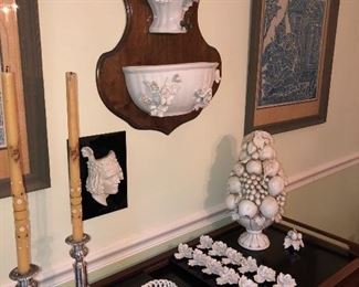 Collection of Capodimonte, pictured above are place card holders, wall mount fountain and bowl, fruit tree and an unmarked basket.  Rosenthal Bust of German Poet displayed on a black tile