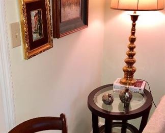 Modern glass top table and tall mid century brass lamp (pair)