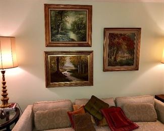 Living room grouping of original oil on canvas paintings by various artist