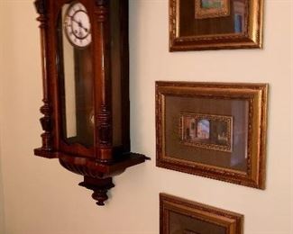 Antique wall clock, three original paintings