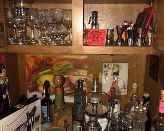 Vintage bar ware and collectible liquor bottles