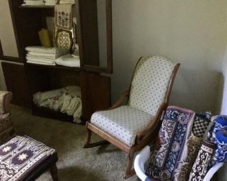 Antique rocker, oriental rugs, runners and wall hanging, various vintage table linens