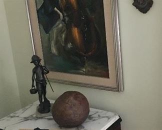 Unsigned original oil on canvas painting, purchased from the artist while stationed in Europe.  Artist titled “Dedication” a peasant youth dedicated to learning how to play the cello, up early to practice before  chores.  Olen Bryant sculpture, a bronze male going to fish, and opium pipe
