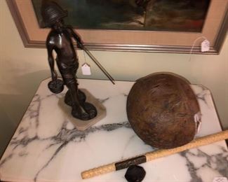 Olen Bryant face sculpture signed, bronze boy going fishing purchased in Naples in the early 1990’s, Eastlake marble top walnut foyer/lamp table. 