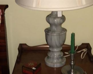One of two matching Alabaster lamps.  Matching pair of pewter candle sticks