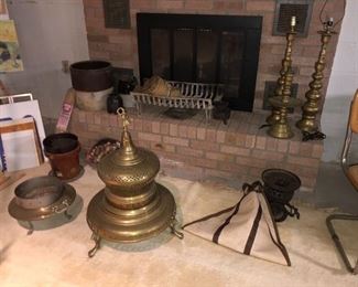 Vintage brass, Turkish fireplace and fire pit,  crocks in background