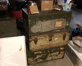 3 of 10 foot lockers.   The middle footlocker is Mrs Allen’s from the early 1940’s.   Her name, date and The Red Cross are all included on the trunk. 